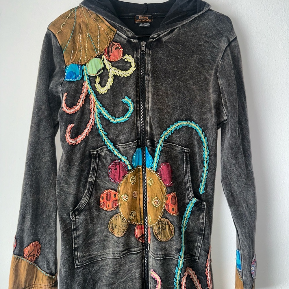 Rinsing International Long Hooded Zip Up Jacket with Colorful Floral Embroidery - Picture 2 of 7